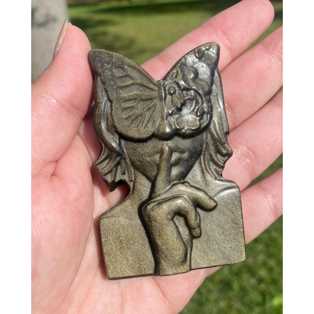 Beautiful Butterfly Mask Girl Gold Sheen Obsidian Carving, Strong Gold Shift